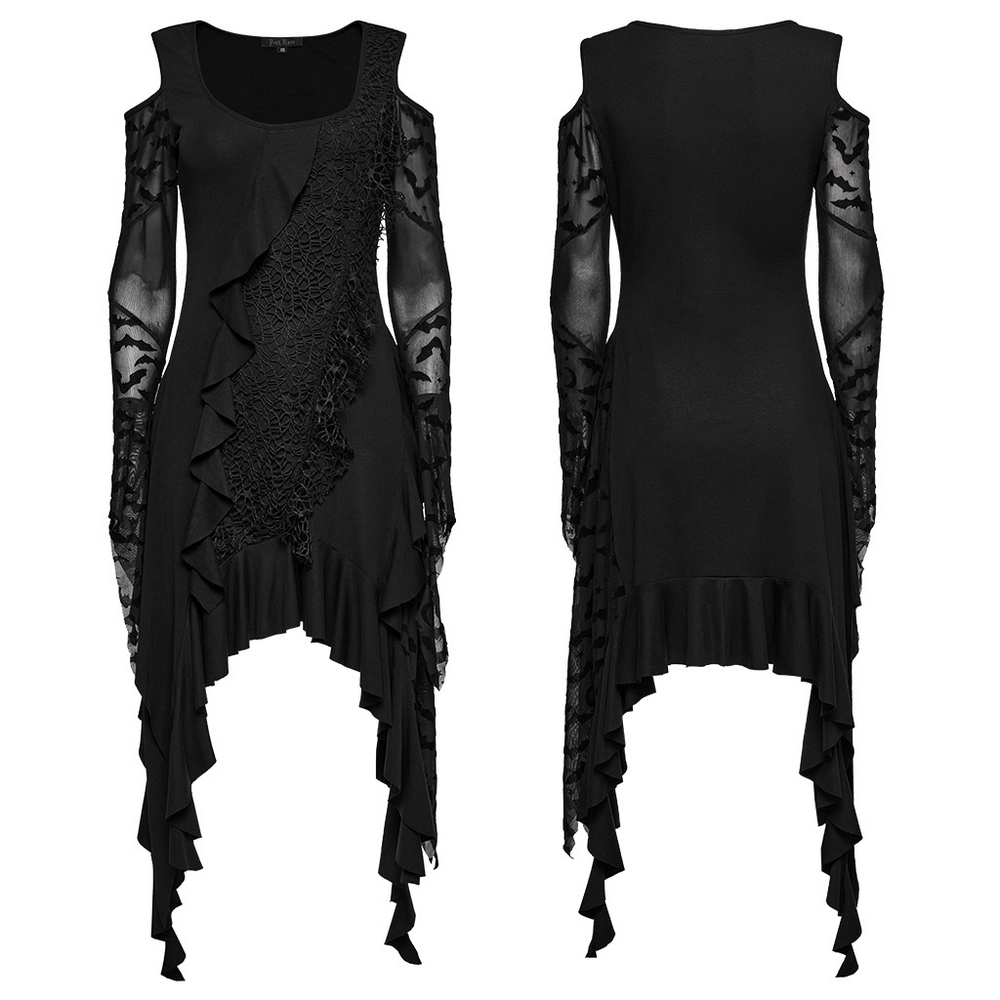 Gothic Black Bat Mesh Dress with Ruffled Hem and Sleeves Gothic Black Bat Mesh Dress with Ruffled Hem and Sleeves