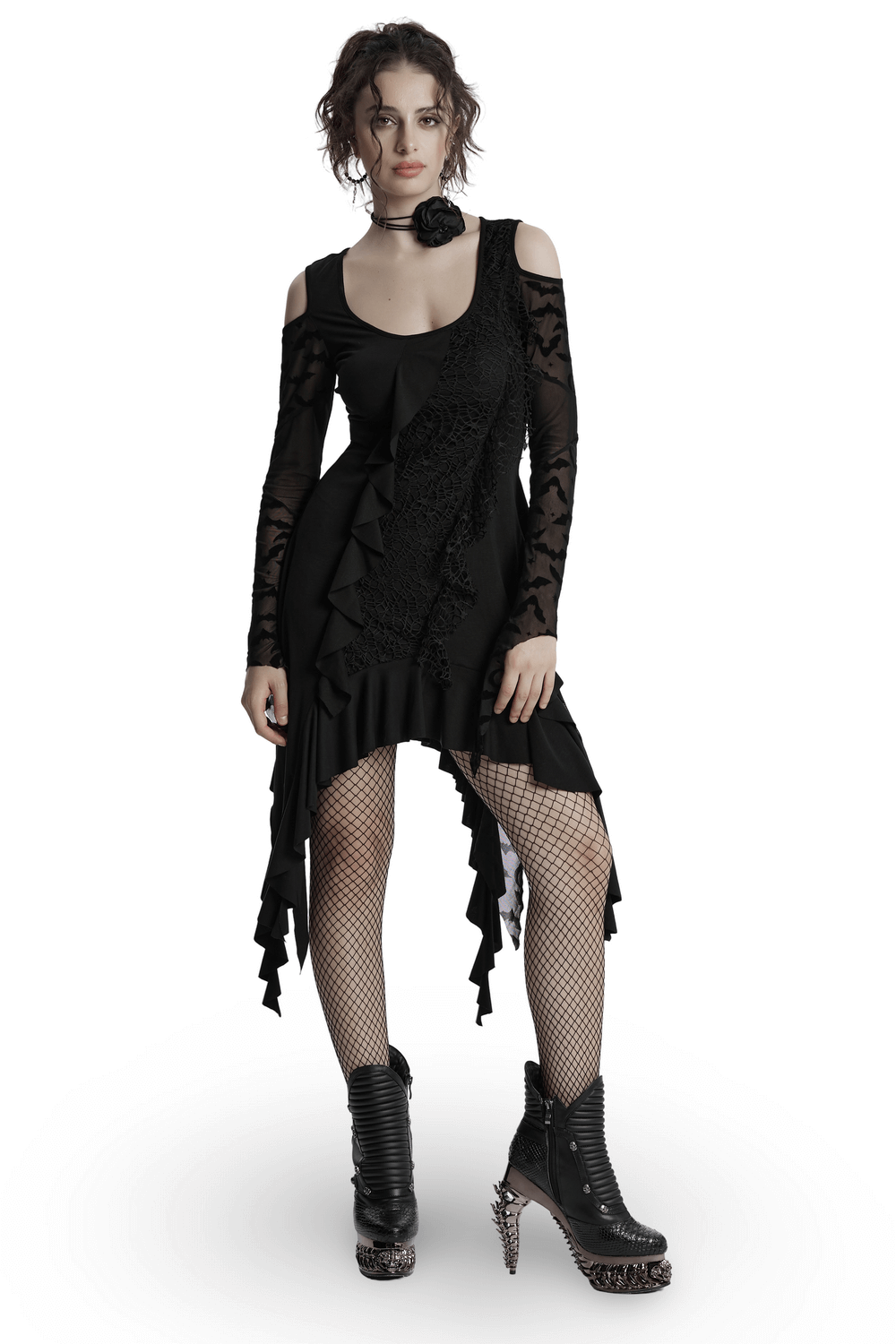 Gothic black bat mesh dress with ruffled hem and sleeves, featuring exposed shoulders and edgy design.