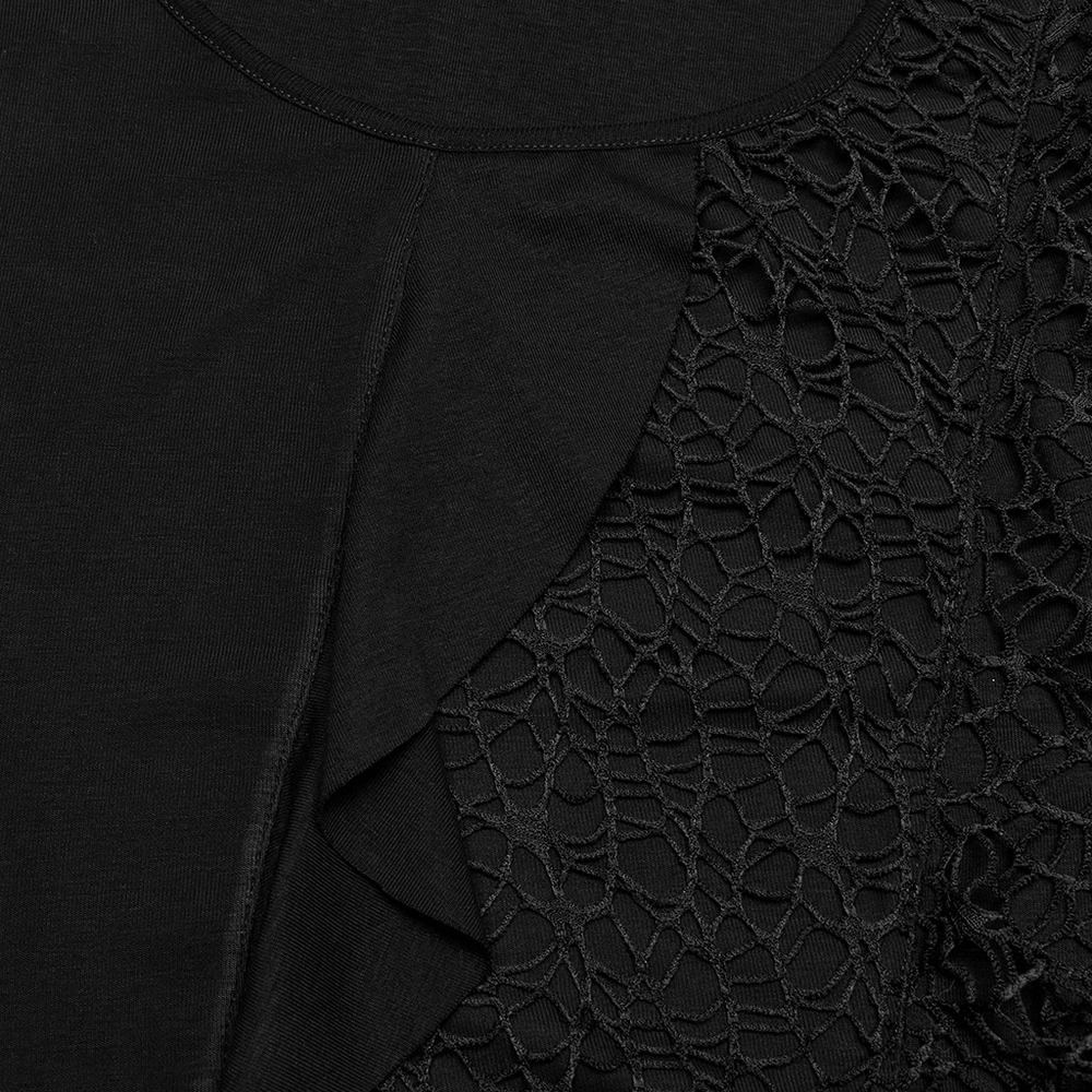 Close-up of Gothic black dress fabric featuring ruffled hem and bat mesh detailing, perfect for edgy fashion statements.