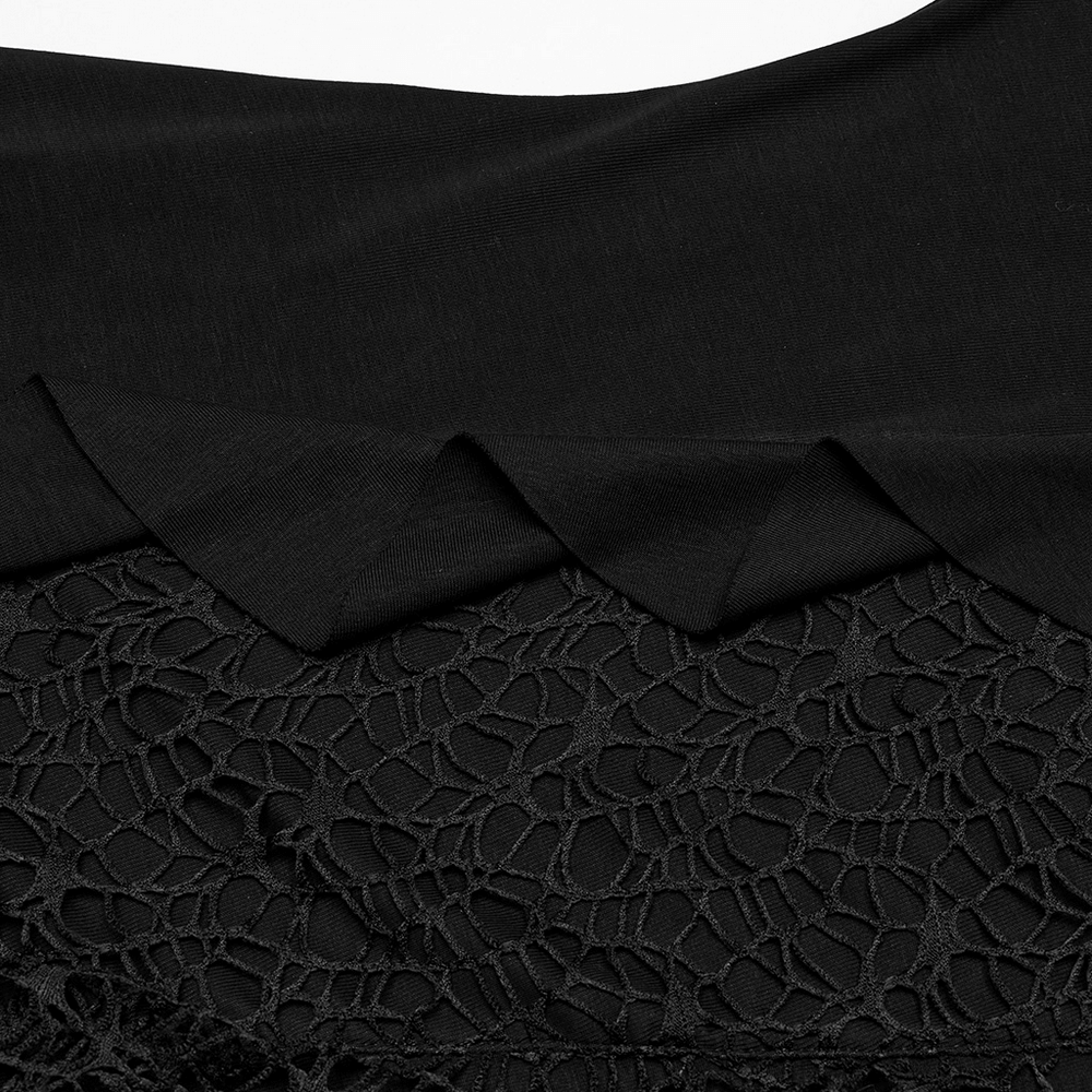 Close-up of the ruffled hem and bat mesh texture of a Gothic black bat dress, showcasing its unique design.