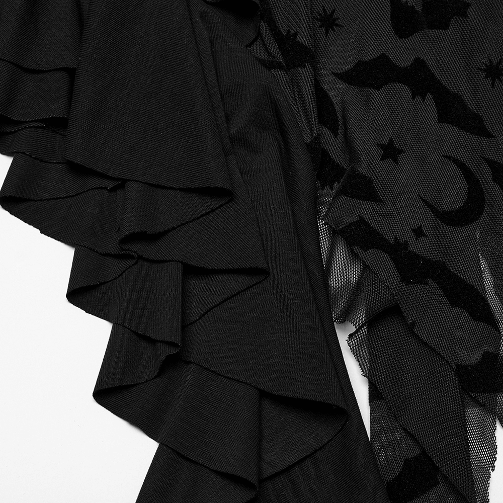 Close-up of Gothic black bat mesh dress showcasing ruffled hem and bat-themed mesh details.