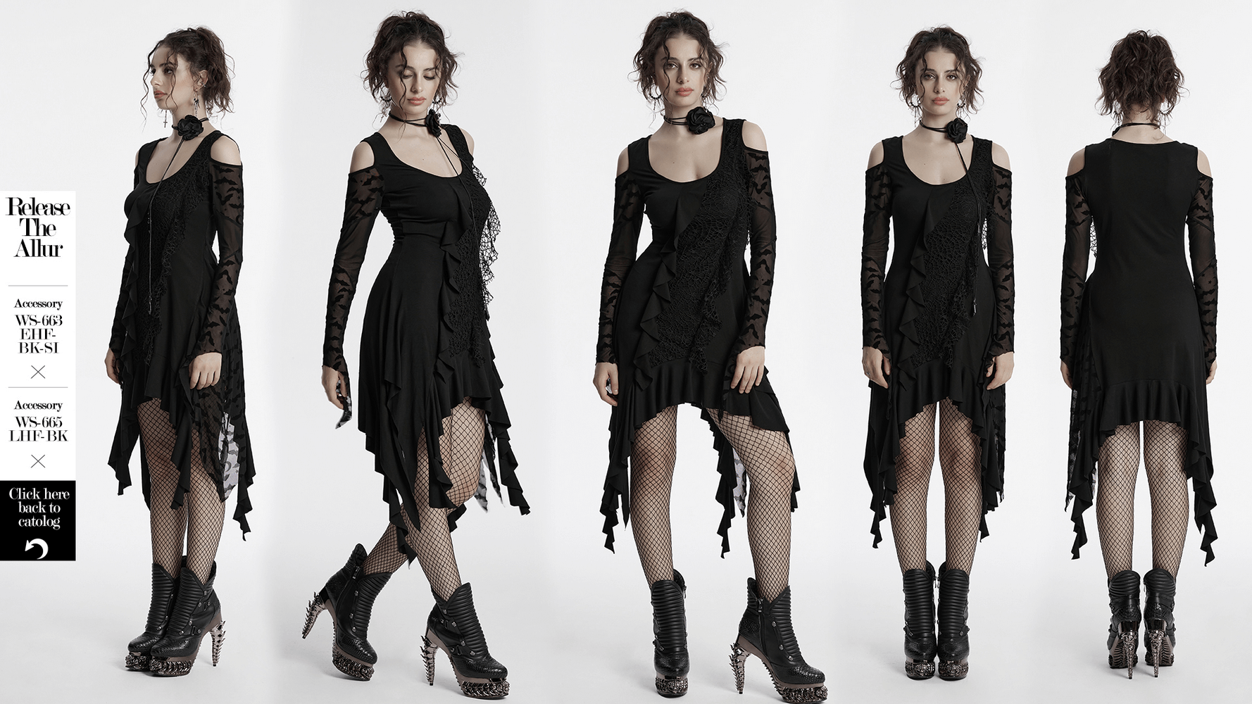 Gothic black bat dress with ruffled hem and bat mesh sleeves, showcasing a sexy and edgy style with exposed shoulders.