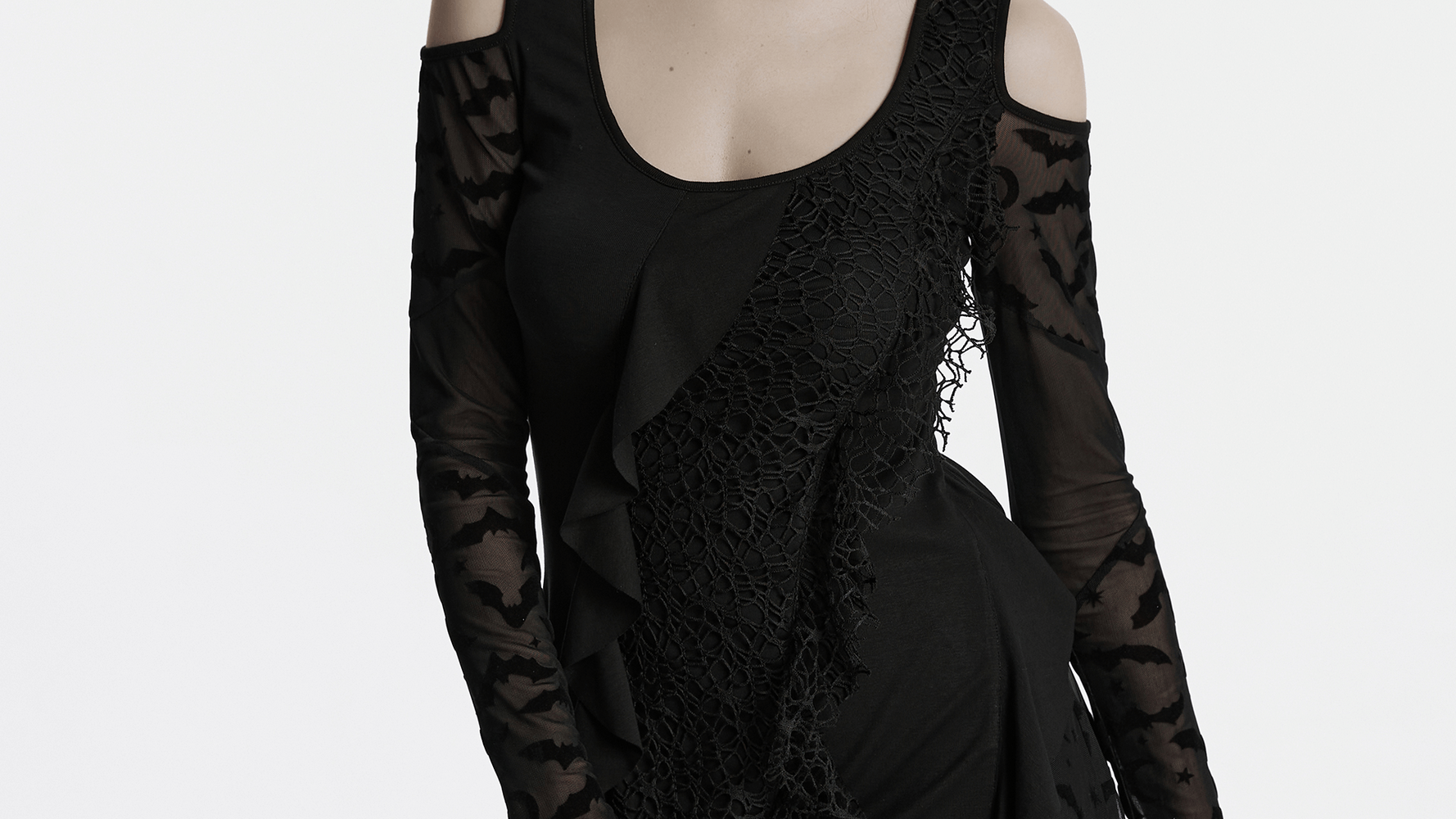 Gothic black bat dress with ruffled hem, exposed shoulders, and dramatic bat mesh sleeves.