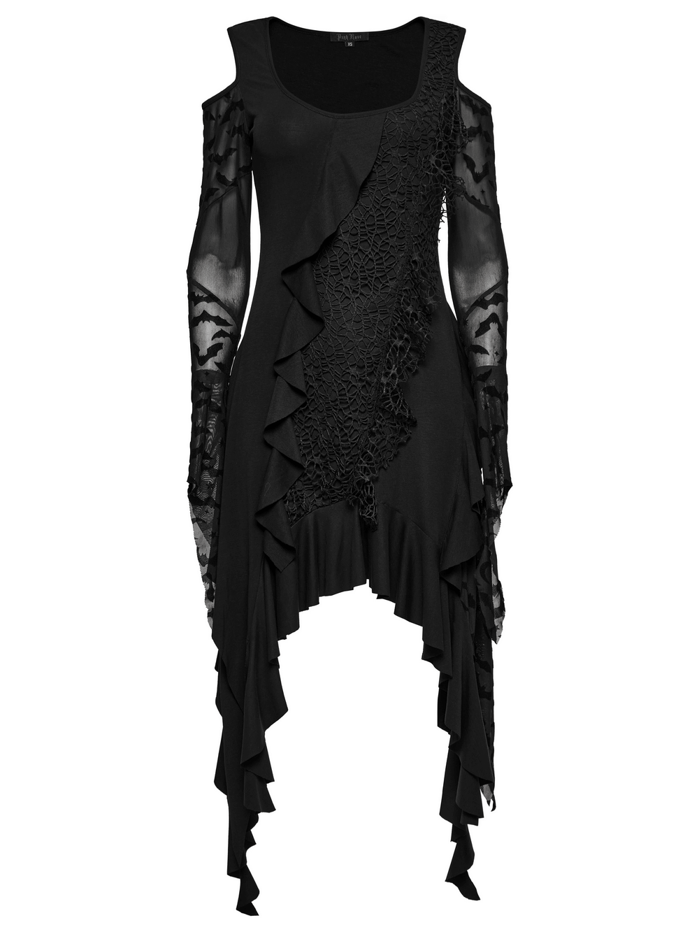 Gothic black bat dress with ruffled hem, exposed shoulders, and dramatic mesh sleeves.