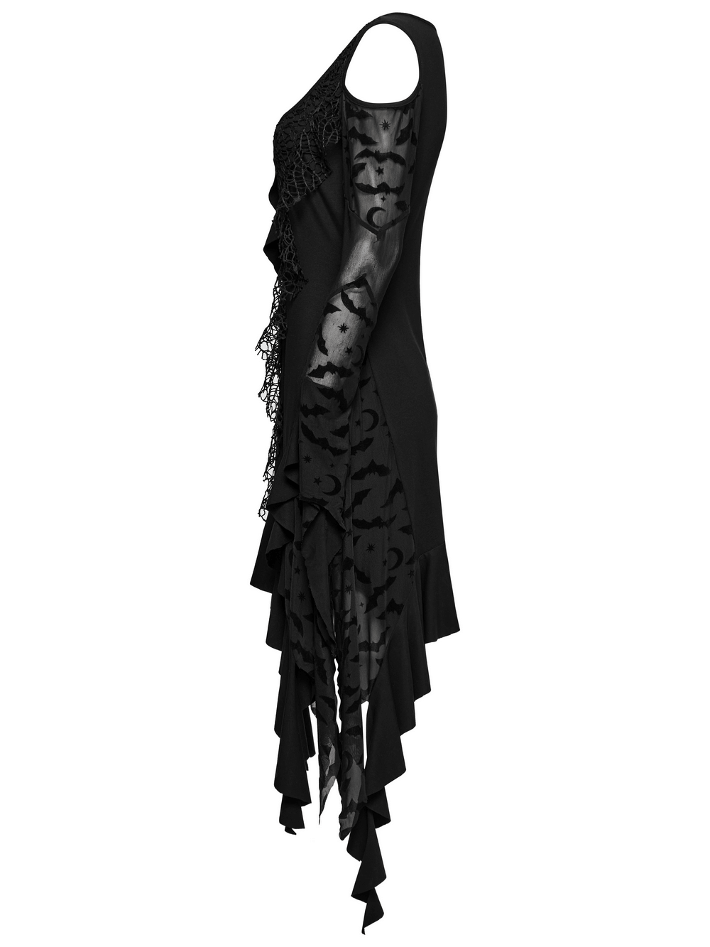 Gothic black bat mesh dress with ruffled hem, showing off asymmetrical design and edgy, exposed shoulders.