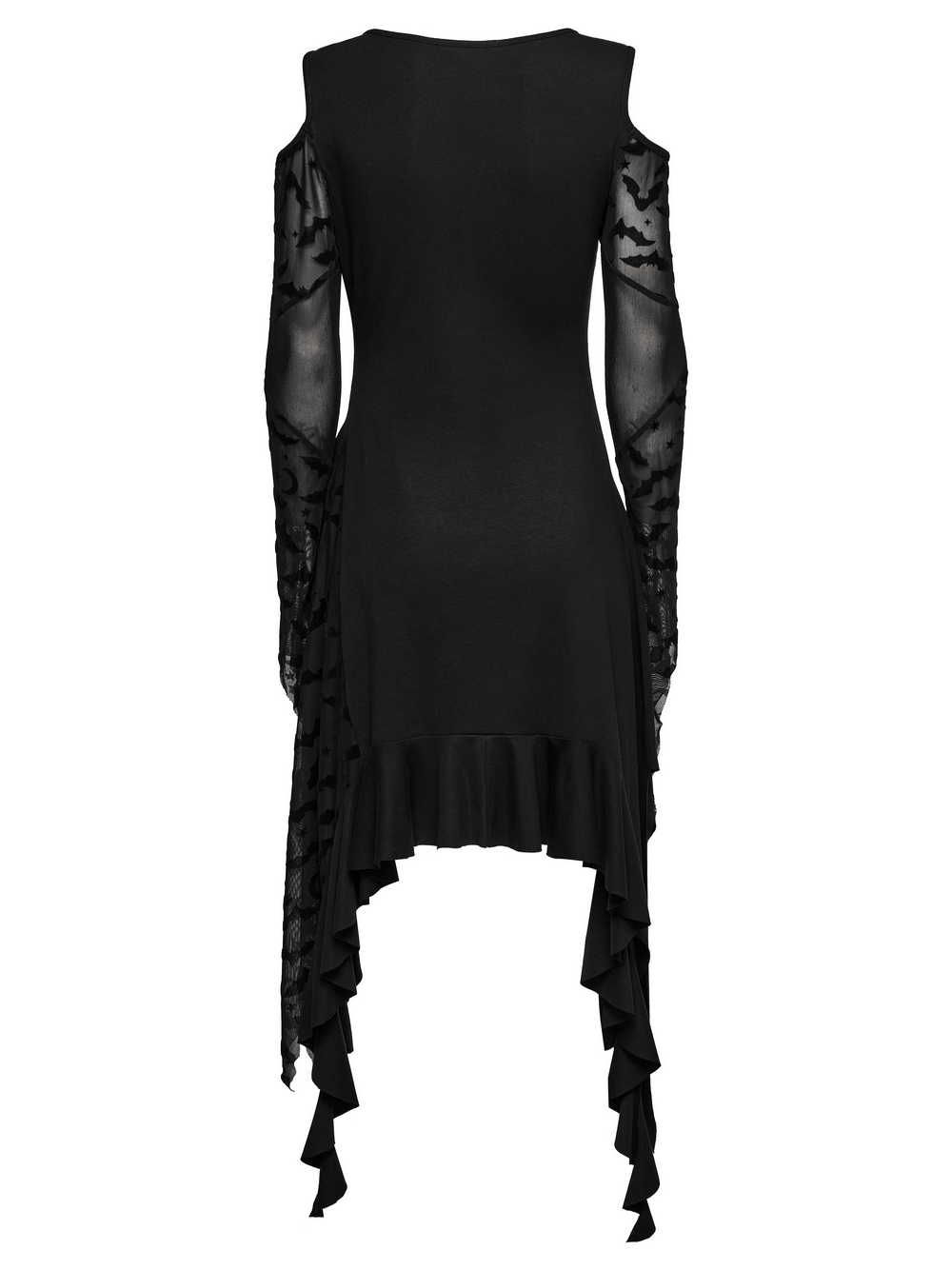 Back view of Gothic Black Bat Mesh Dress with ruffled hem and sheer bat mesh sleeves.