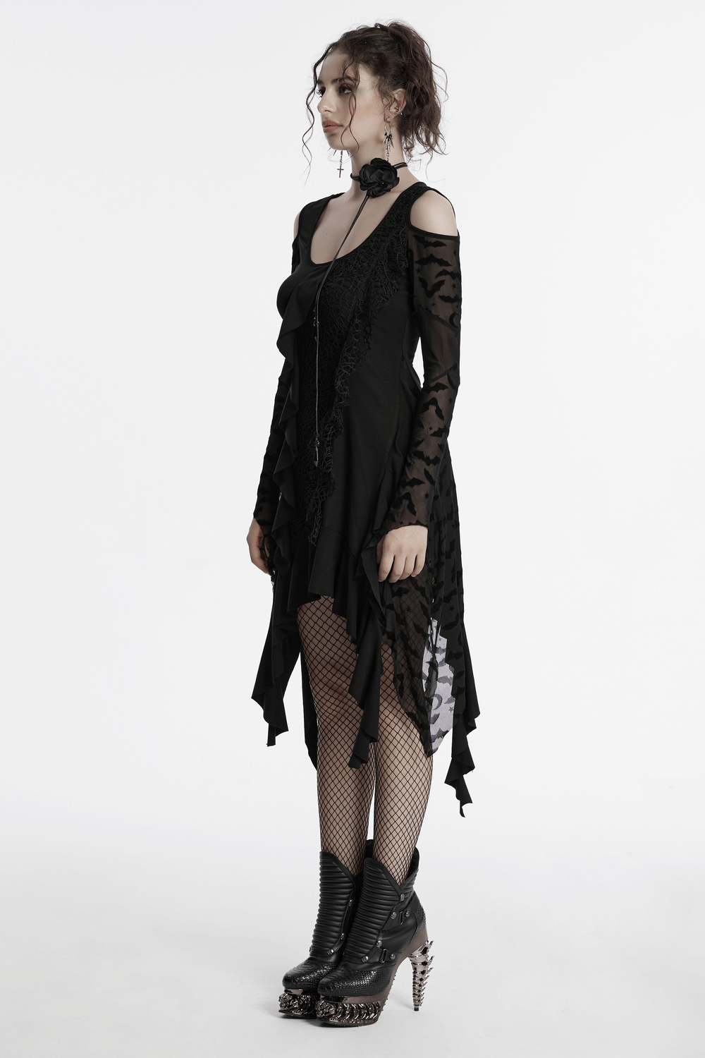 Gothic black bat mesh dress with ruffled hem, exposed shoulders, and edgy mesh sleeves, perfect for a dramatic night out.