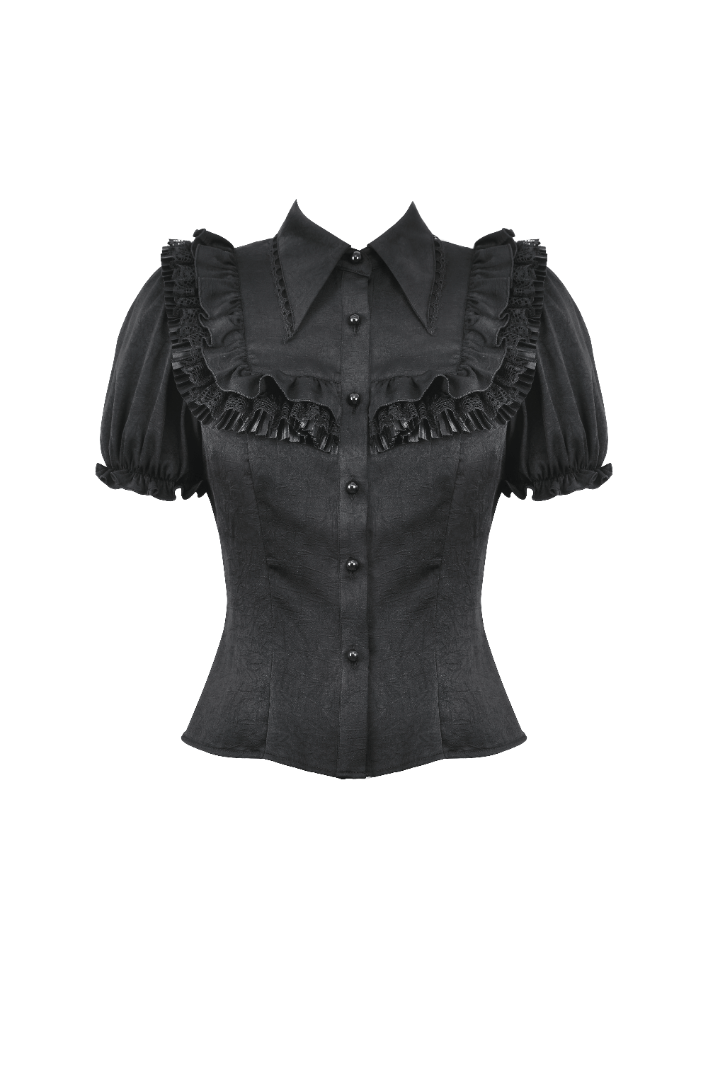 Victorian-inspired black blouse with puff sleeves and ruffle detail, perfect for themed events and everyday wear.