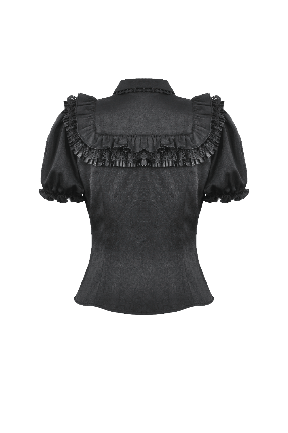 Victorian-inspired black blouse with puff sleeves and ruffle detail for a stylish Gothic look.
