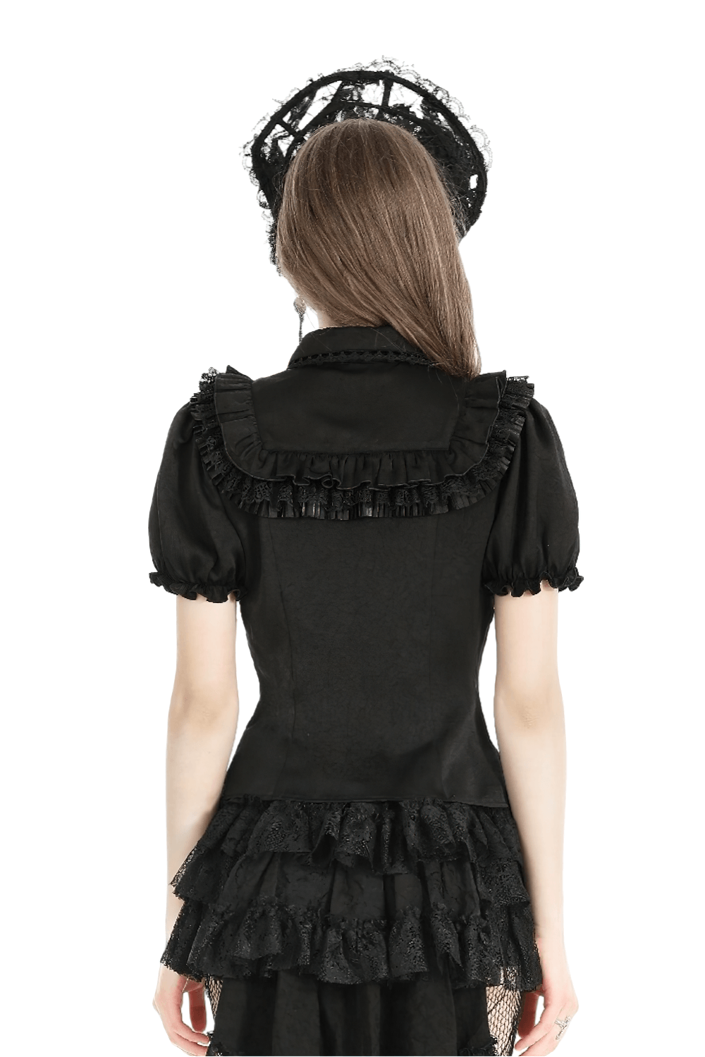 Elegant gothic black blouse with puff sleeves and ruffle details, showcasing a stylish back view.