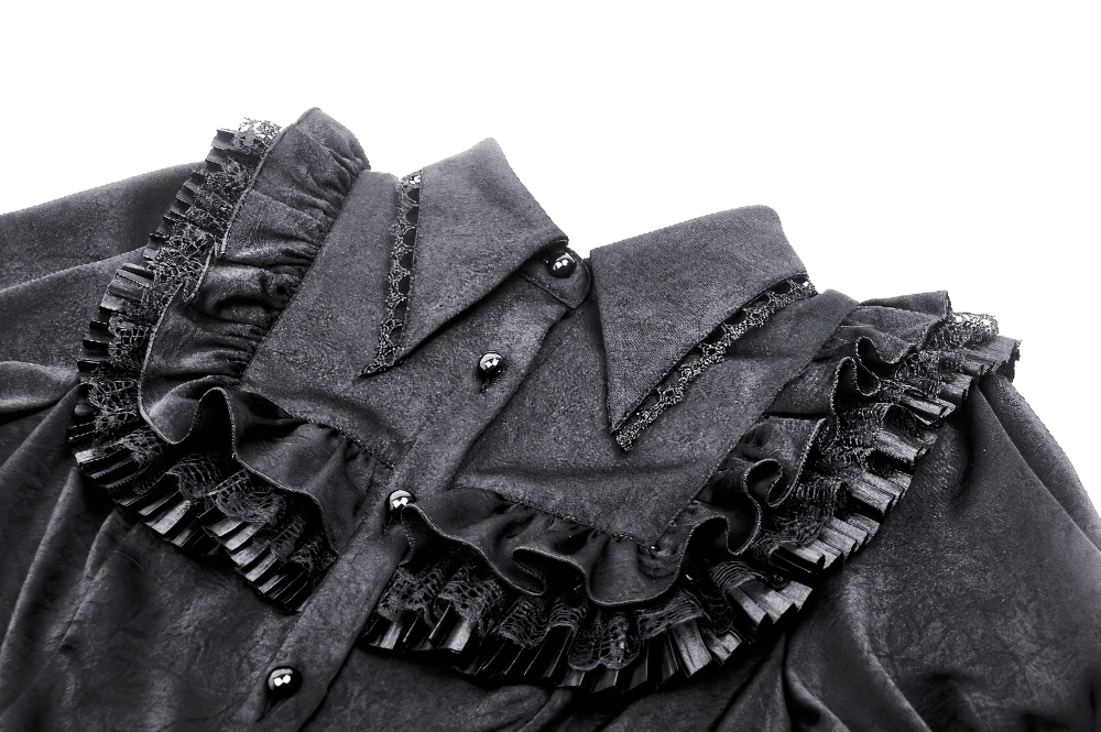 Gothic black blouse with puff sleeves and ruffle detail, featuring a buttoned front and Victorian-inspired design.