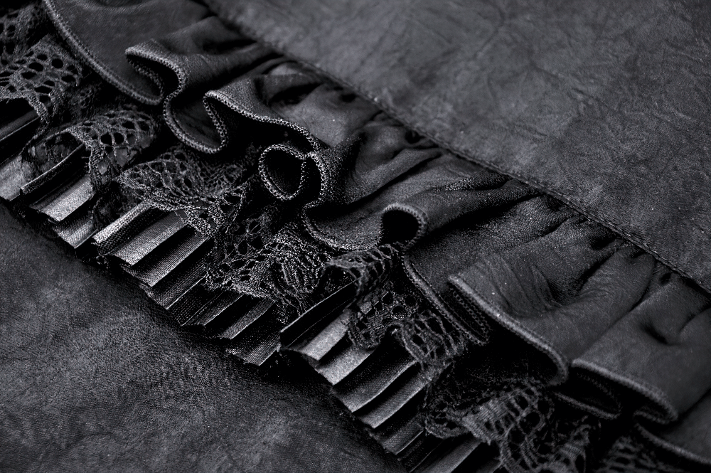 Close-up of black ruffled lace detail on a Gothic blouse, showcasing elegant Victorian-inspired design.