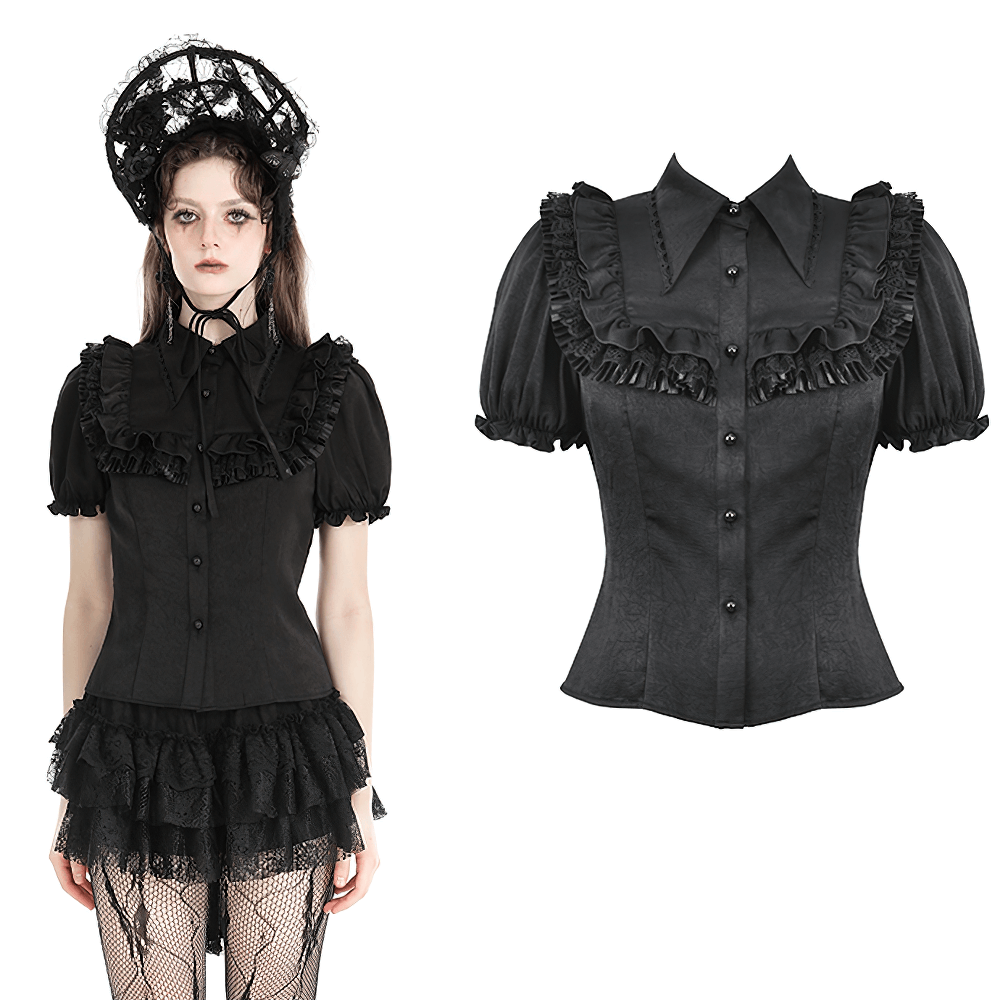 Gothic black blouse with puff sleeves and ruffle detail, perfect for Victorian-inspired outfits.