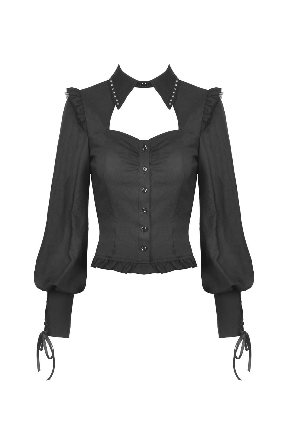 Gothic Black Blouse with Studded Collar and Lace-Up Sleeves