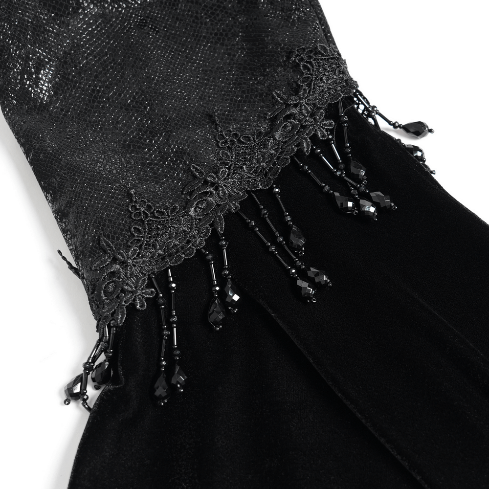 Close-up of black Gothic bolero shrug with lace trim and beaded bell sleeves, perfect for Victorian-inspired outfits.