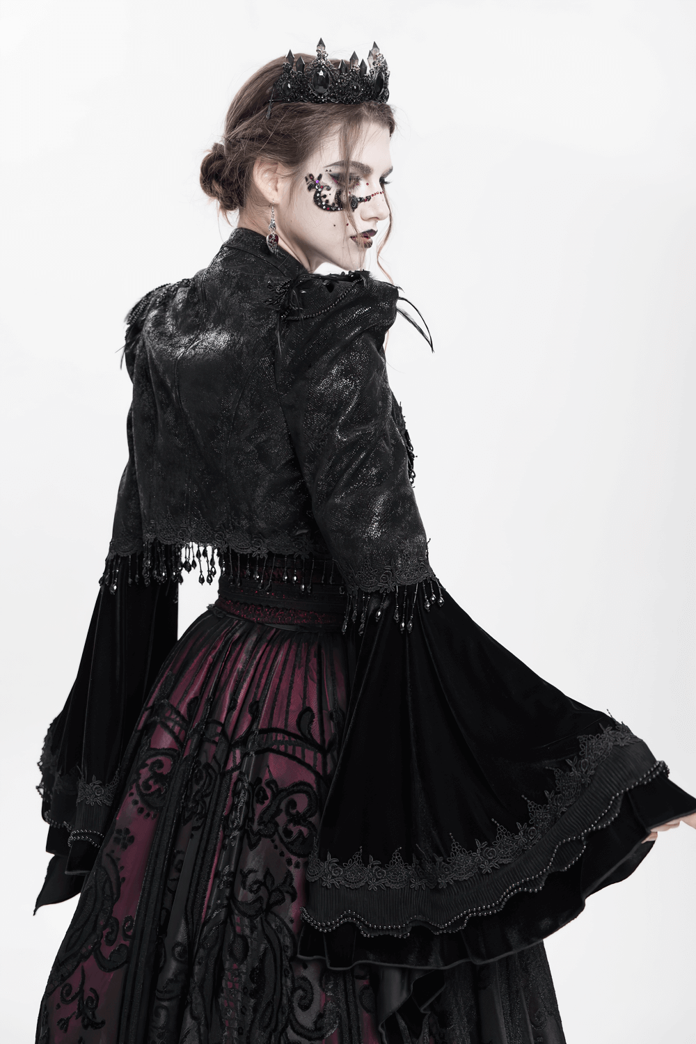 Gothic black bolero shrug with beaded bell sleeves, perfect for Victorian-inspired outfits.