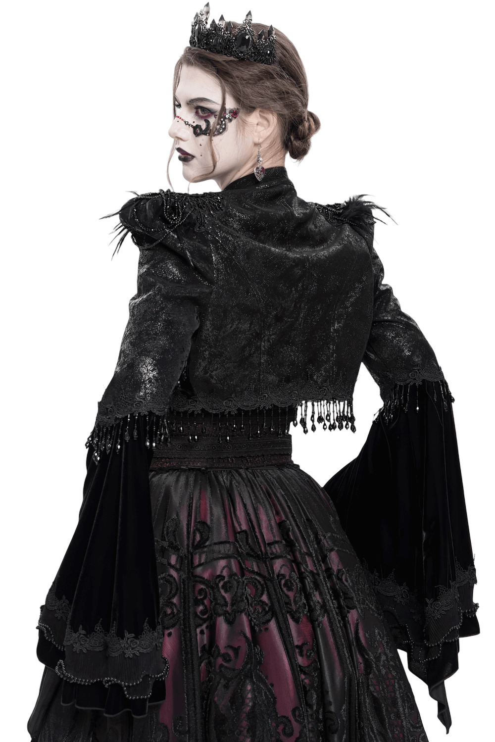 Gothic black bolero shrug with dramatic bell sleeves and beaded tassels, perfect for Victorian-inspired outfits.