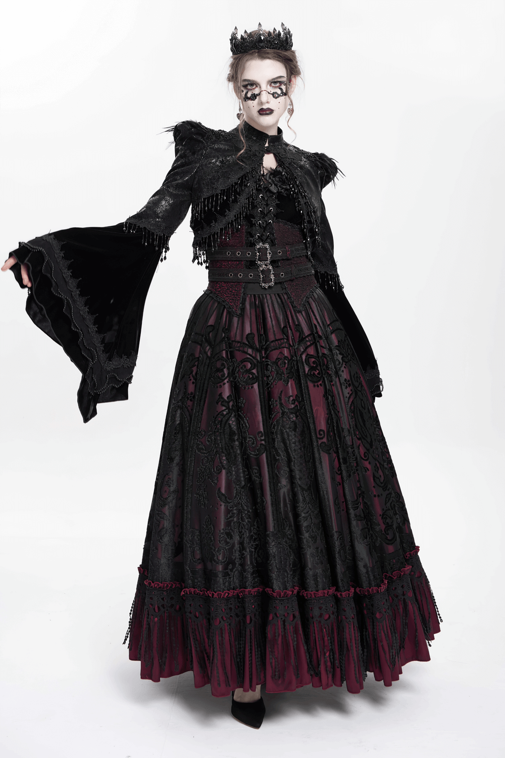 Gothic black bolero shrug with beaded bell sleeves paired with a stunning Victorian skirt.