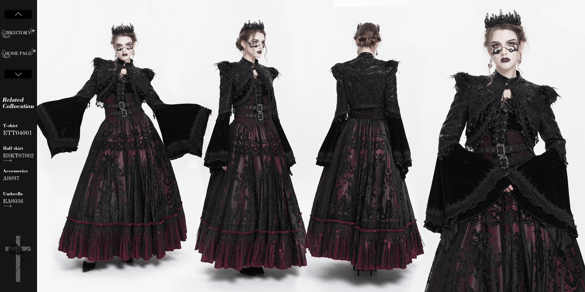 Gothic black bolero shrug with beaded bell sleeves, paired with a Victorian-inspired long dress.