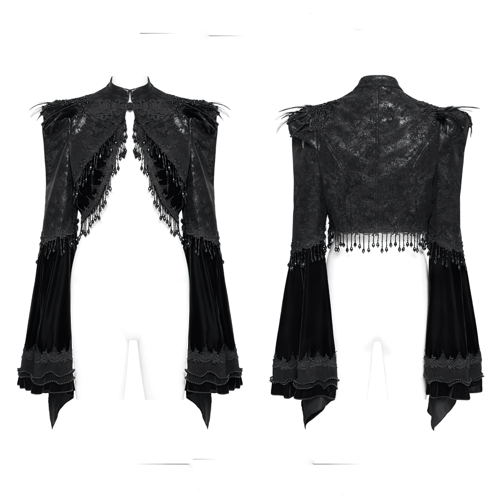 Gothic black bolero shrug with beaded bell sleeves and lace trim, perfect for Victorian-inspired outfits.