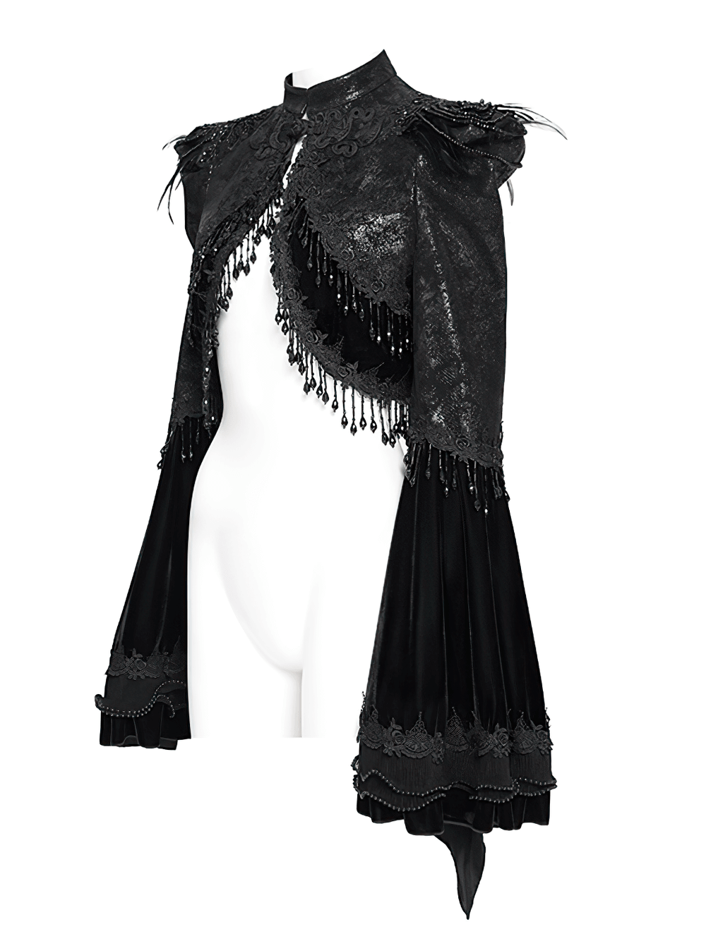 Gothic black bolero shrug with beaded bell sleeves, lace trim, and dramatic design for a dark elegance.