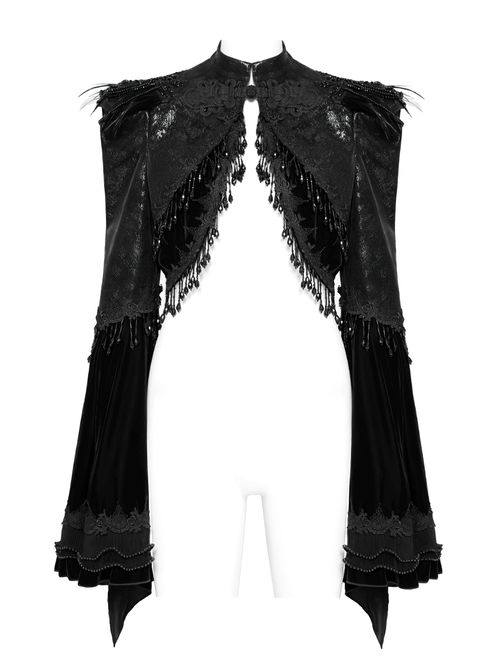 Gothic black bolero shrug with lace and beaded bell sleeves, perfect for Victorian-inspired outfits.