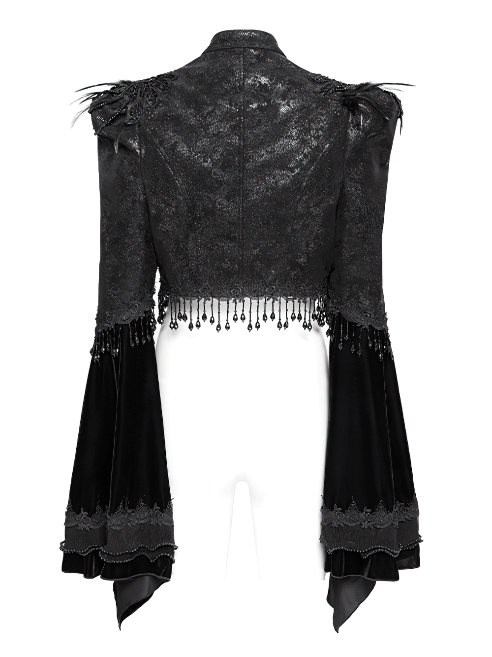 Back view of a gothic black bolero shrug with lace and beaded bell sleeves for a dramatic Victorian look.