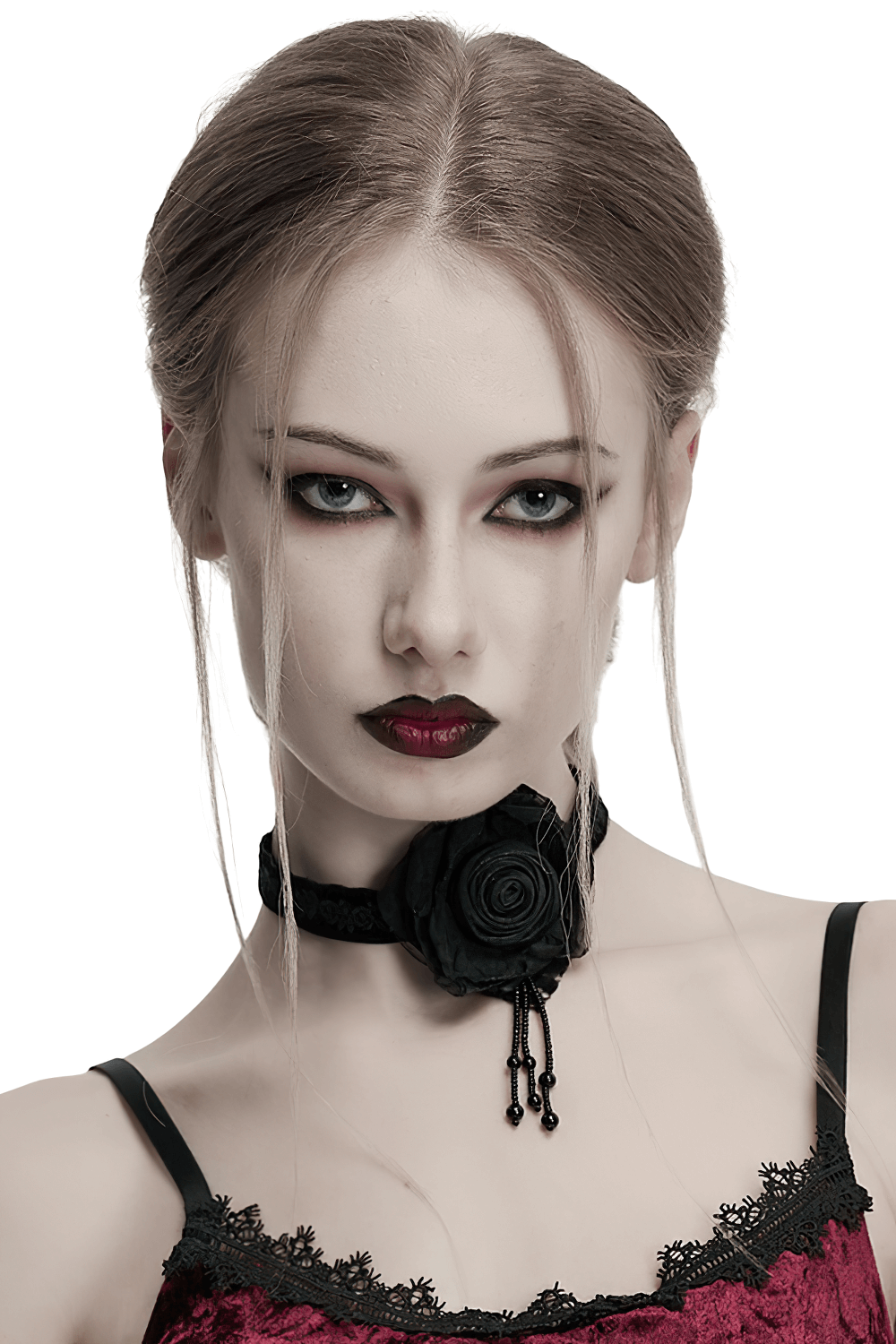 Gothic black choker featuring a burning rose and bead chains, styled with vintage lace for a chic, dark elegance.