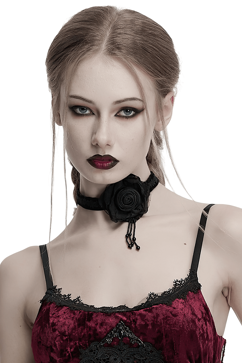 Gothic black burning rose choker with bead chains and lace, adding elegance to gothic fashion.