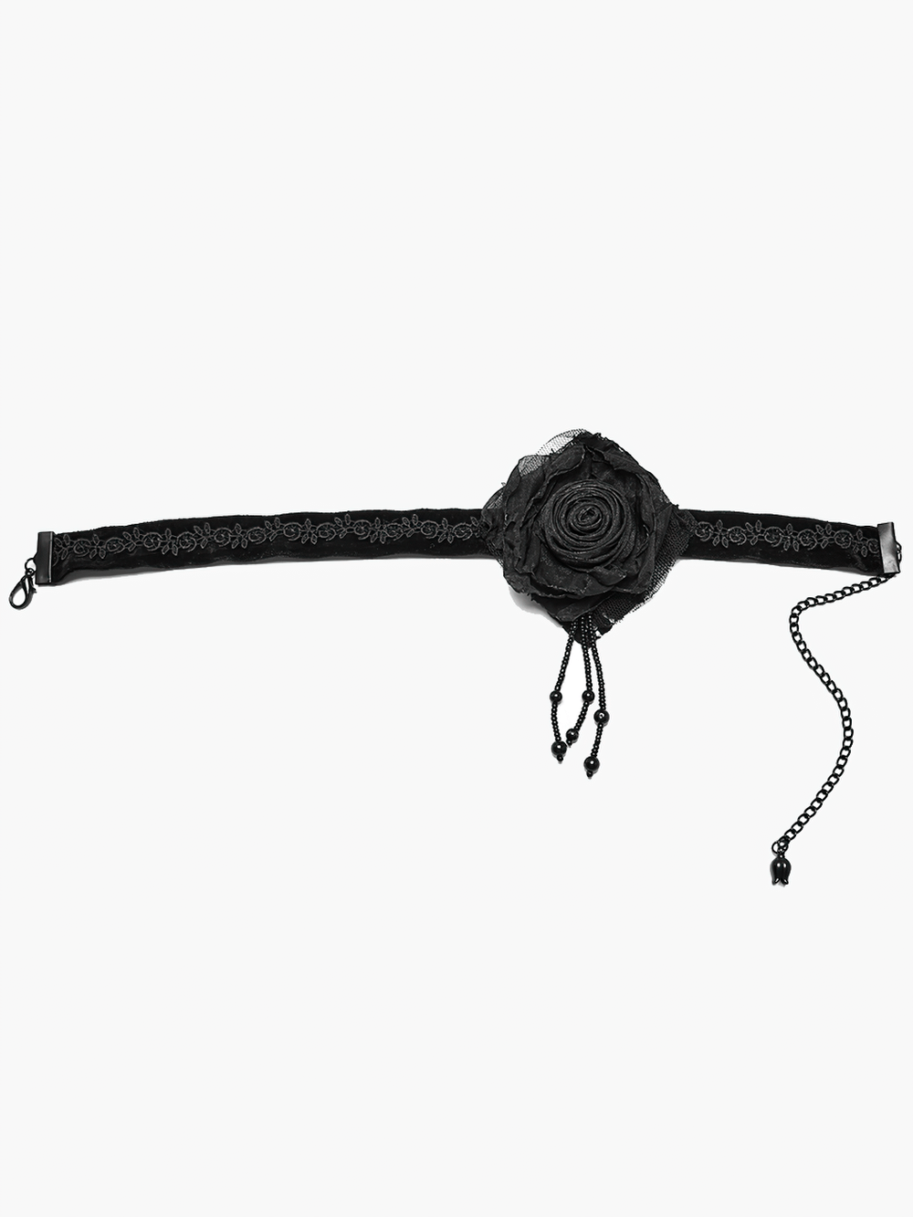 Gothic black burning rose choker with lace and bead chains, perfect for adding elegance to any goth-inspired outfit.