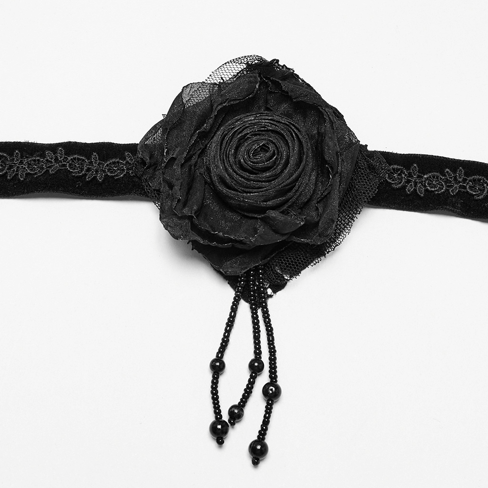 Gothic black burning rose choker with bead chains and vintage lace detailing for elegant style.