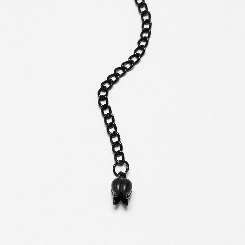 Gothic black choker featuring a delicate chain and an elegant black bead pendant.