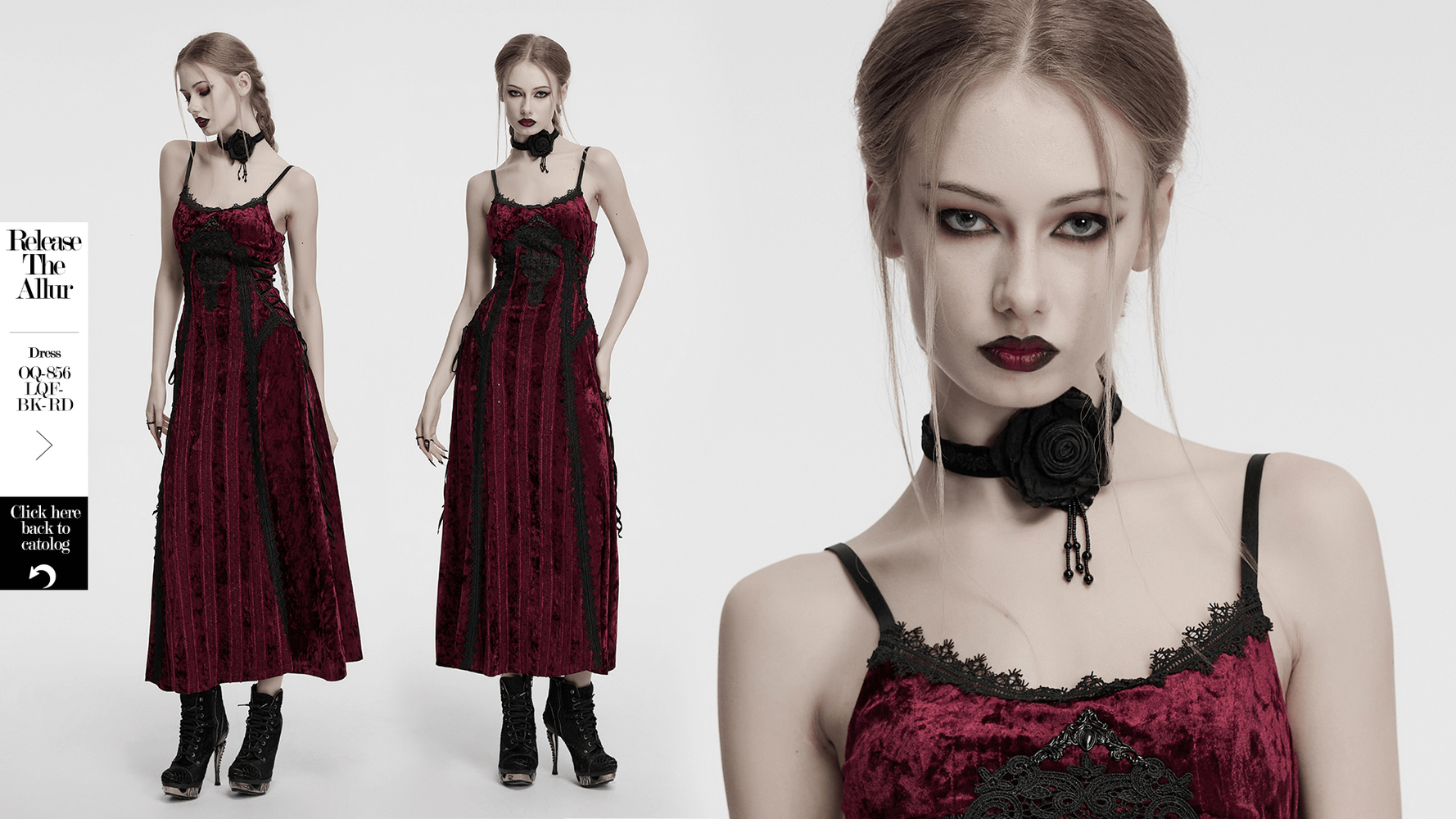 Gothic model showcasing a stunning gothic black burning rose choker with bead chains and lace.