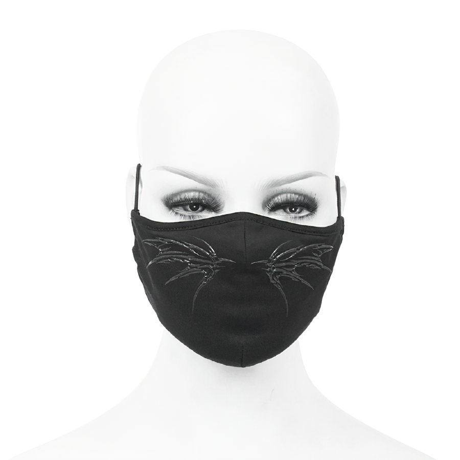 Gothic black face mask with wing design, perfect accessory for unisex gothic fashion outfits.