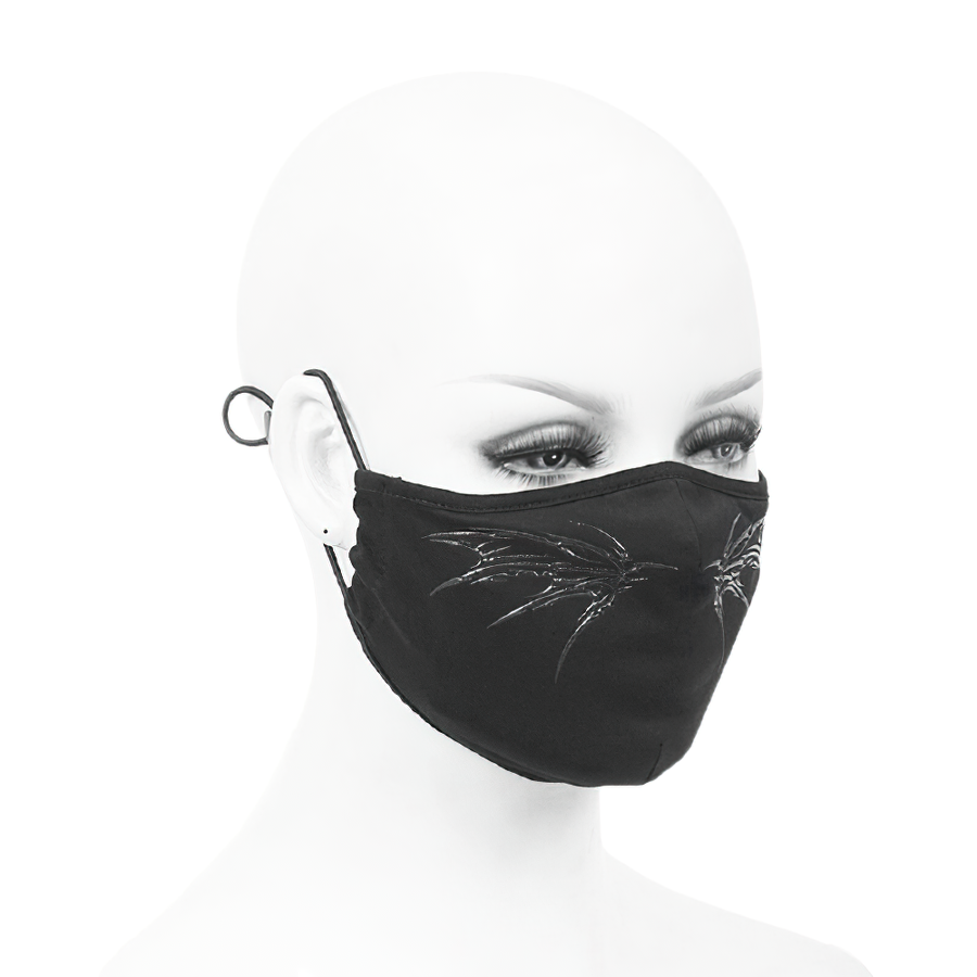 Gothic black butterfly face mask on mannequin, featuring adjustable elastic bands and intricate design.