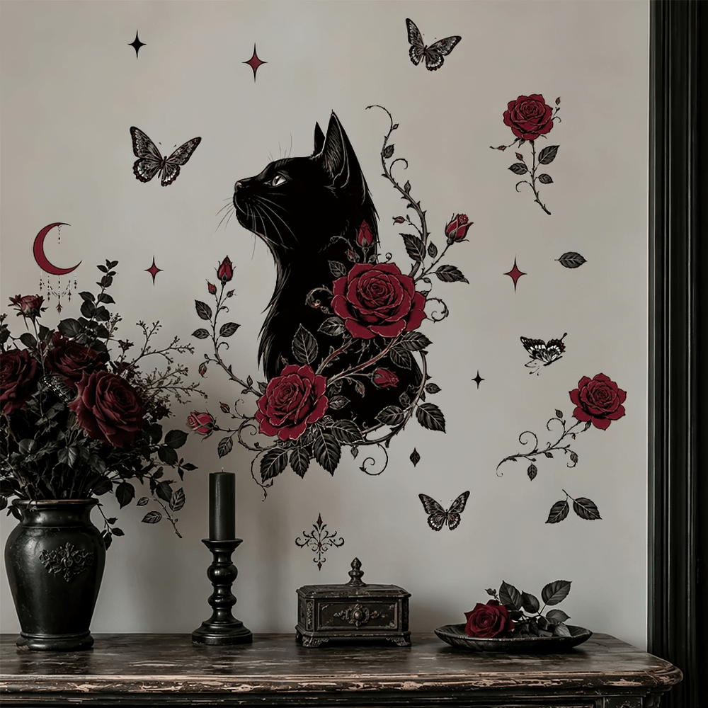 Gothic Black Cat and Burgundy Rose Wall Sticker Set