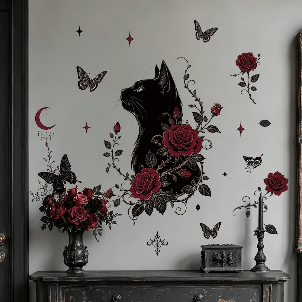 Gothic Black Cat and Burgundy Rose Wall Sticker Set