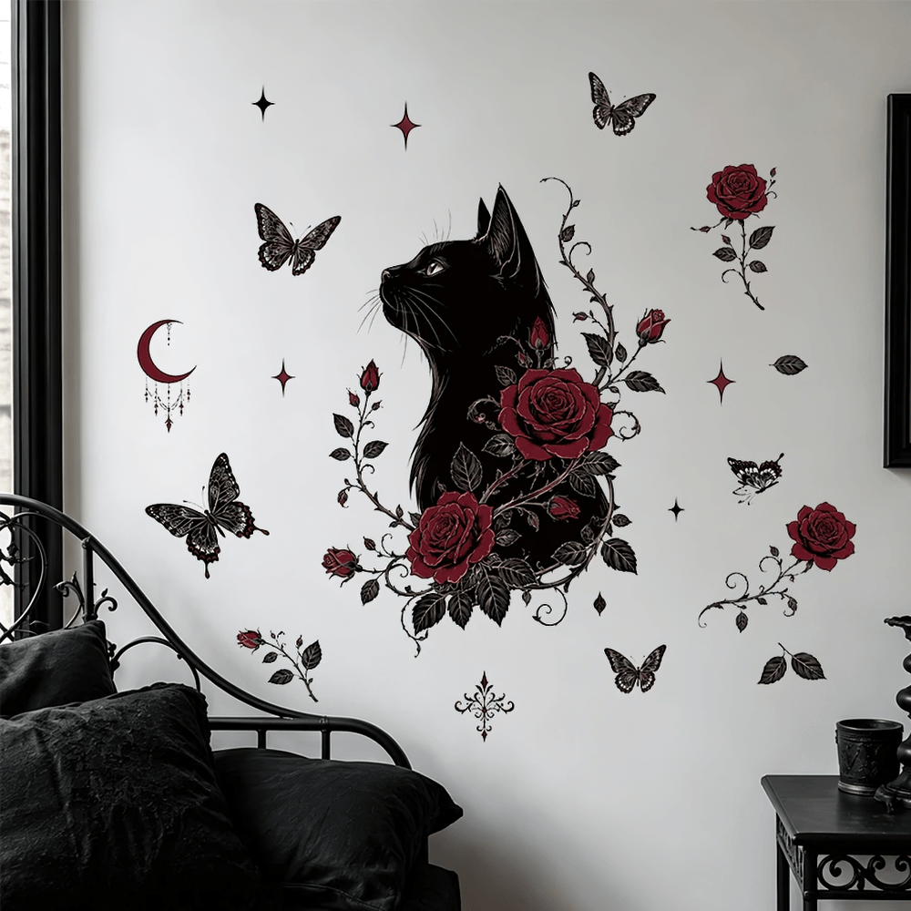 Gothic Black Cat and Burgundy Rose Wall Sticker Set