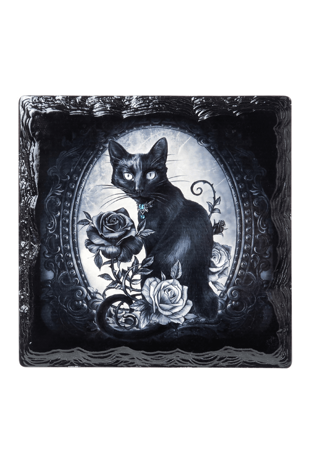 Gothic black cat coaster with rose accents in a decorative framed design.