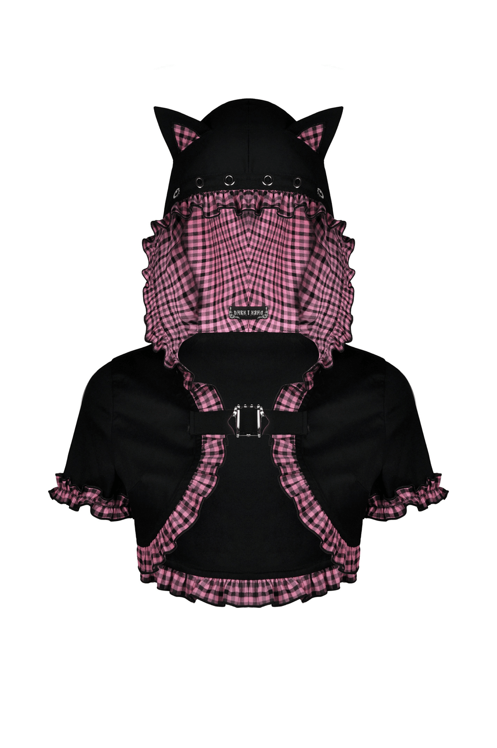 Gothic black cat ear crop top with pink plaid hood, ruffled edges, perfect for punk fashion lovers.