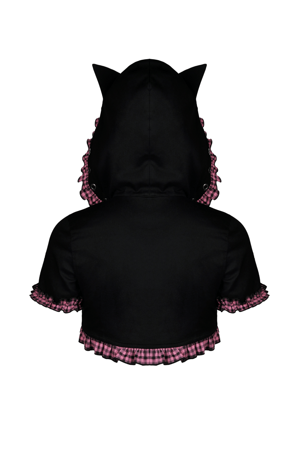 Gothic black cat ear crop top with pink plaid ruffled hood, perfect for punk fashion lovers.