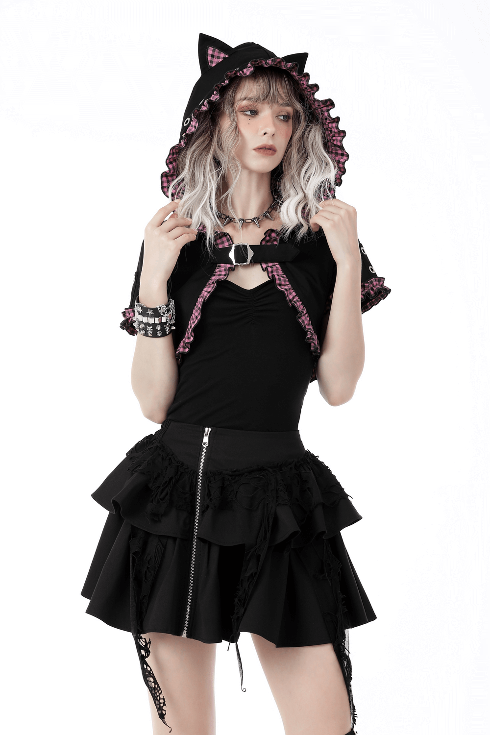 Gothic black cat ear crop top with pink plaid hood, stylish and playful punk fashion.