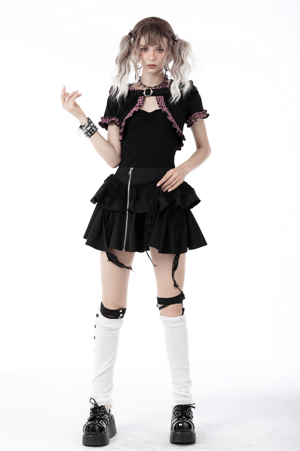 Gothic punk black cat ear crop top with pink plaid ruffled hood on stylish model, perfect for edgy fashion lovers.
