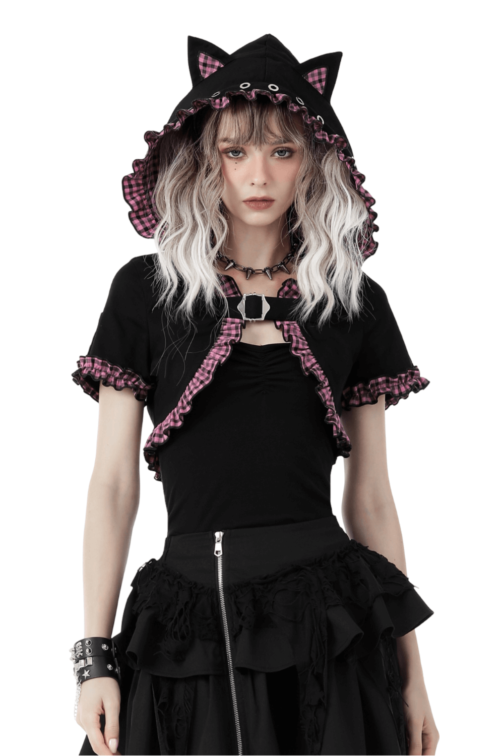 Gothic black cat ear crop top with pink plaid hood, perfect for punk fashion lovers.