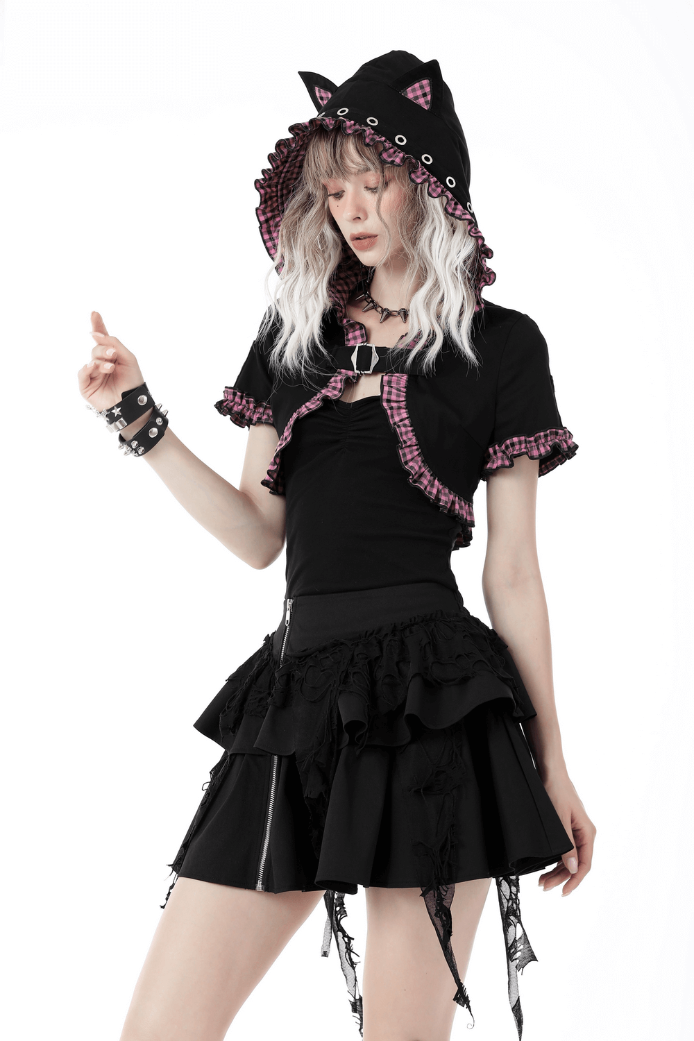 Gothic black cat ear crop top with pink plaid hood and ruffled sleeves, perfect for punk rock style.