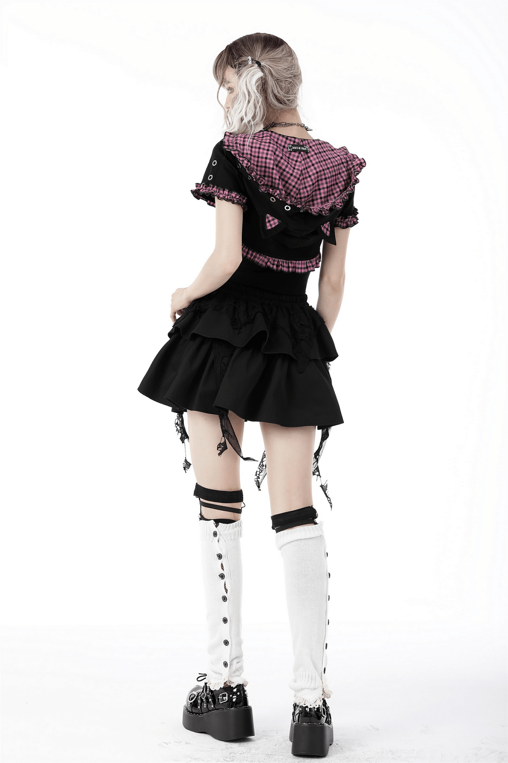 Gothic black cat ear crop top with pink plaid hood, paired with a stylish black skirt and knee-high socks.