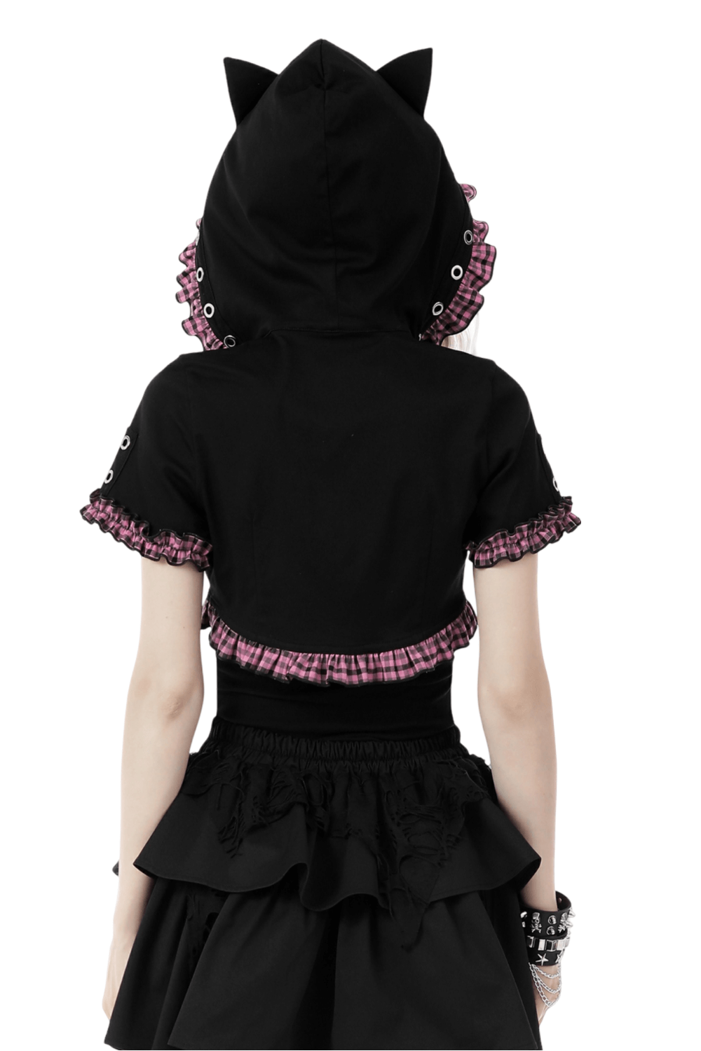 Back view of a Gothic black cat ear crop top with pink plaid hood and ruffled sleeves, perfect for punk style enthusiasts.