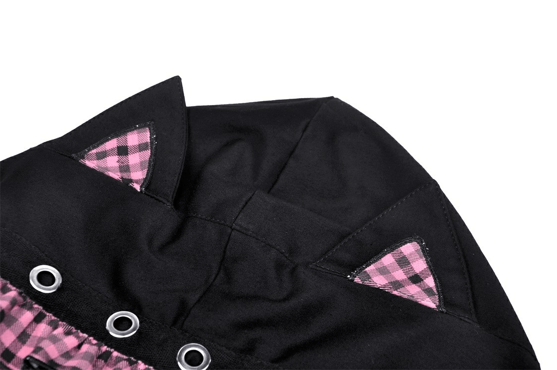 Gothic black cat ear crop top hood featuring pink plaid ears and ruffles for a punk rock look.