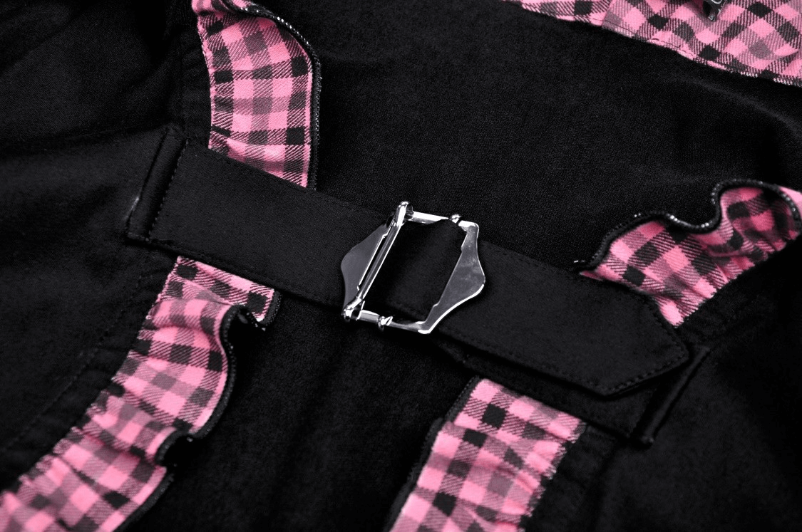 Close-up of the buckle on a gothic black cat ear crop top with pink plaid ruffled fabric.