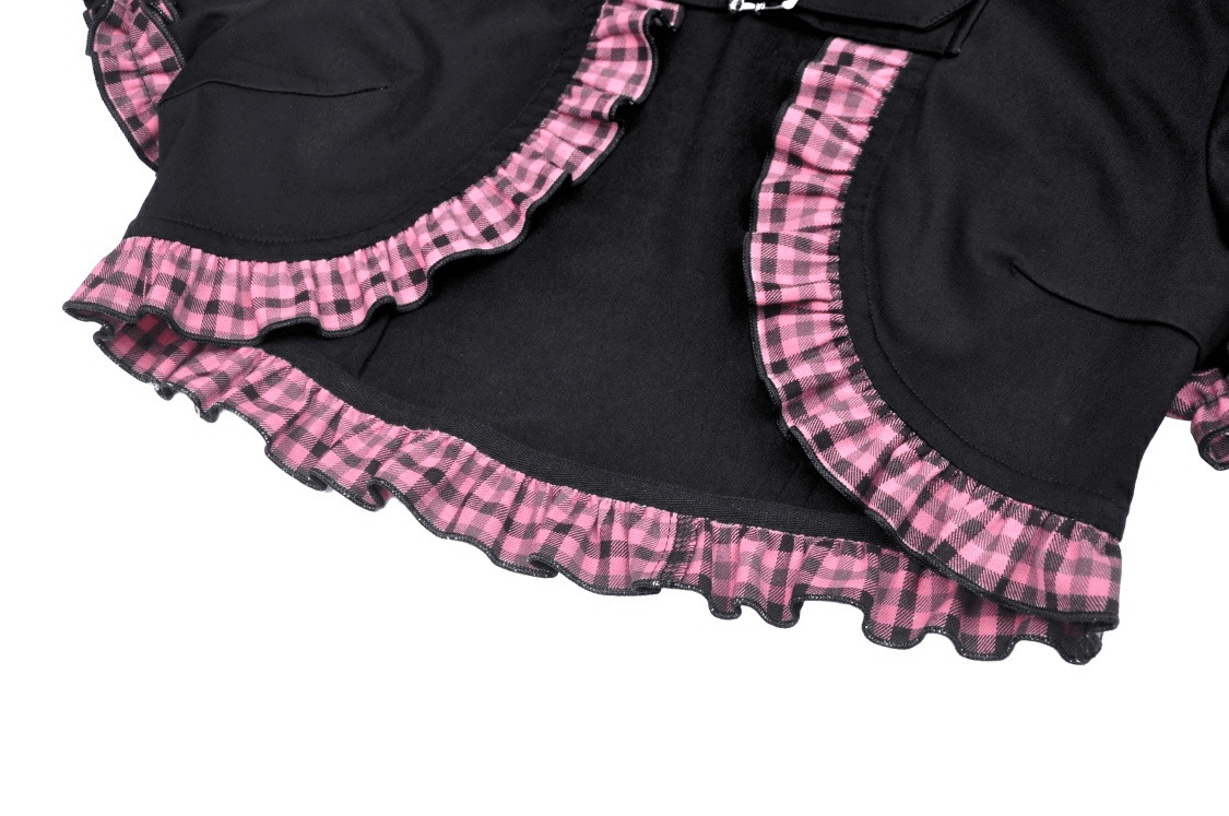 Gothic black cat ear crop top featuring pink plaid ruffled hood and hem, perfect for punk fashion enthusiasts.
